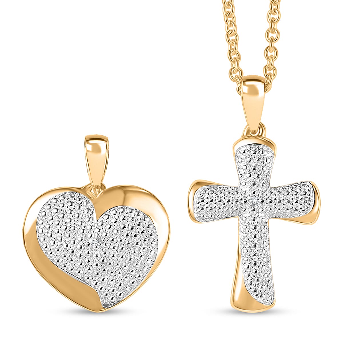 EverTrue Lab Grown Diamond (G-H, SI) Heart and Cross Pendants in 18K YG Plated with ION Plated YG Stainless Steel Necklace (20 Inches)