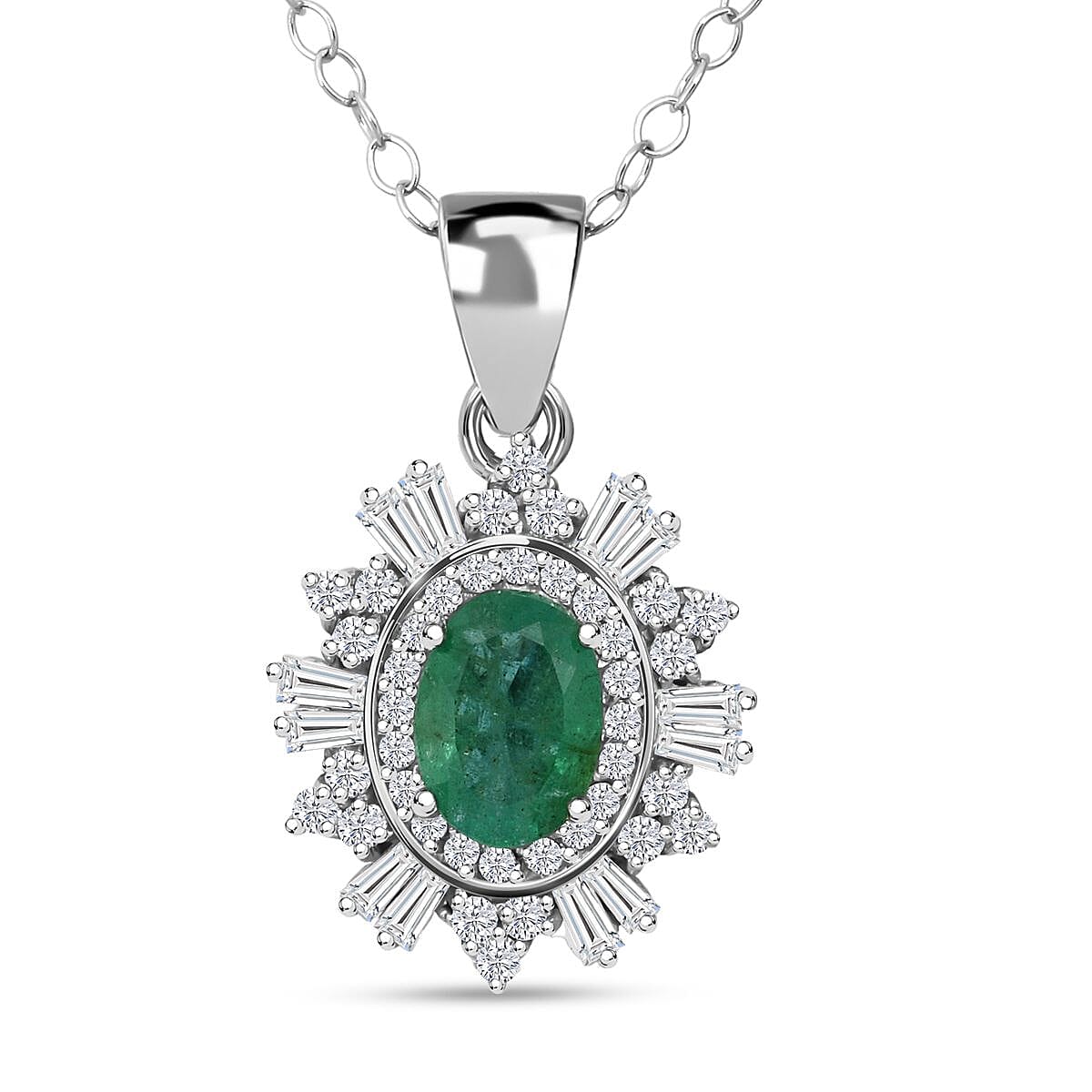 D'Joy Premium Kagem Zambian Emerald and Moissanite 1.50 ctw Pendant Necklace in Rhodium Over Sterling Silver 20 Inches
