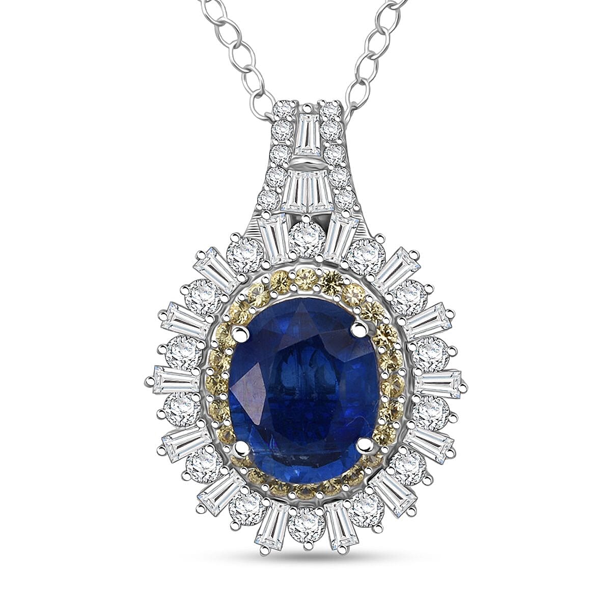 D'Joy Premium Kashmir Kyanite and Multi Gemstone 4.80 ctw Royal Halo Pendant Necklace in Rhodium Over Sterling Silver 20 Inches
