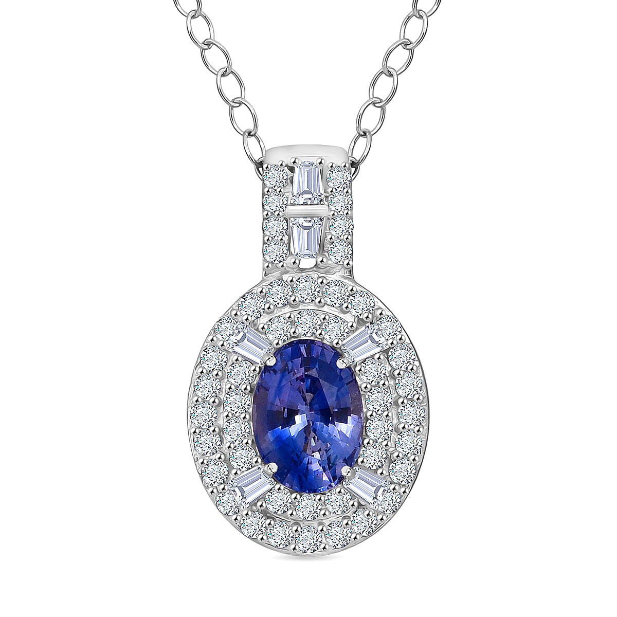 D'Joy Premium Ceylon Blue Sapphire and Moissanite 1.50 ctw Celestial Halo Pendant Necklace in Rhodium Over Sterling Silver 20 Inches