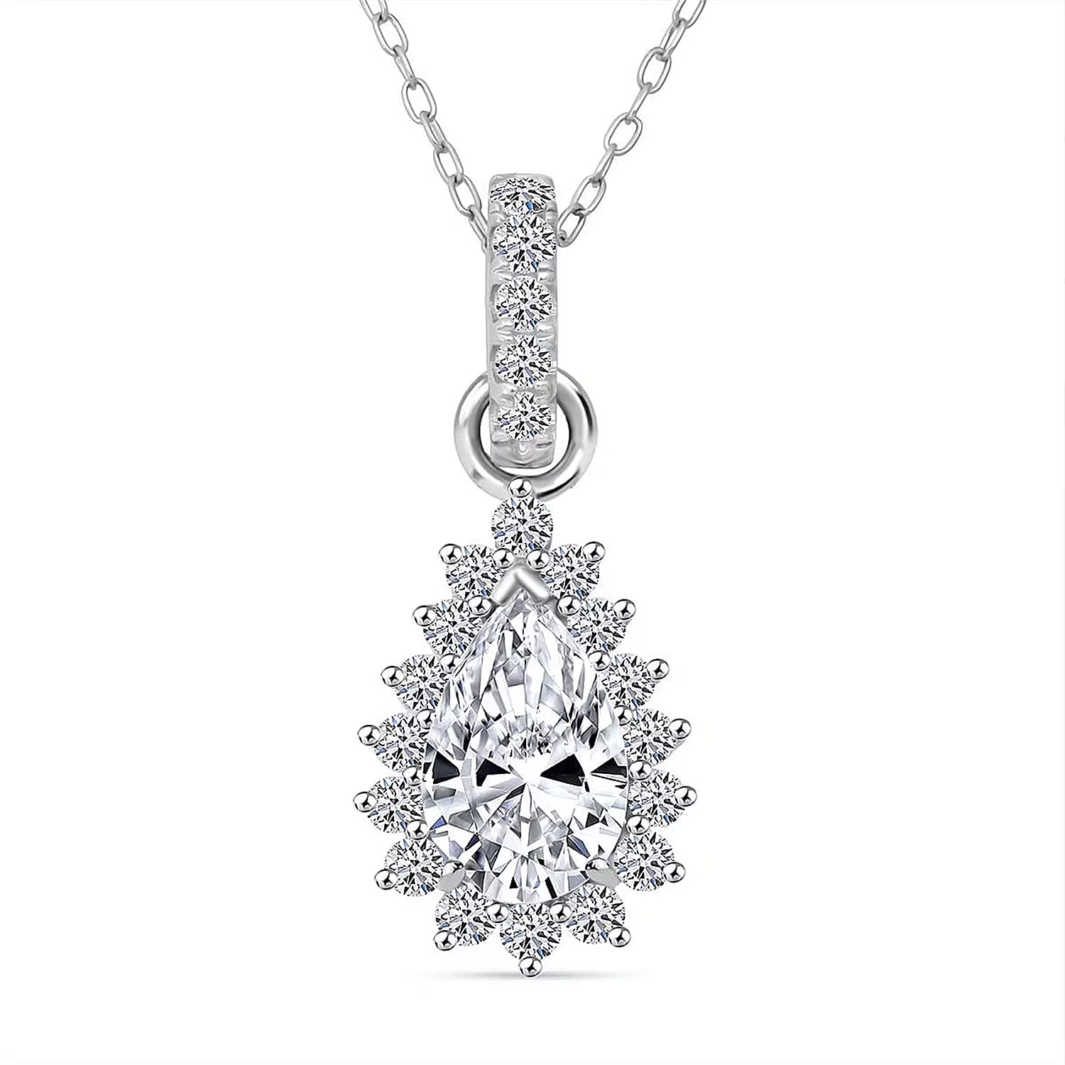 Luxuriant Lab Grown Diamond E-F VS 1.50 ctw Snowdrop Halo Pendant Necklace in Rhodium Over Sterling Silver 20 Inches