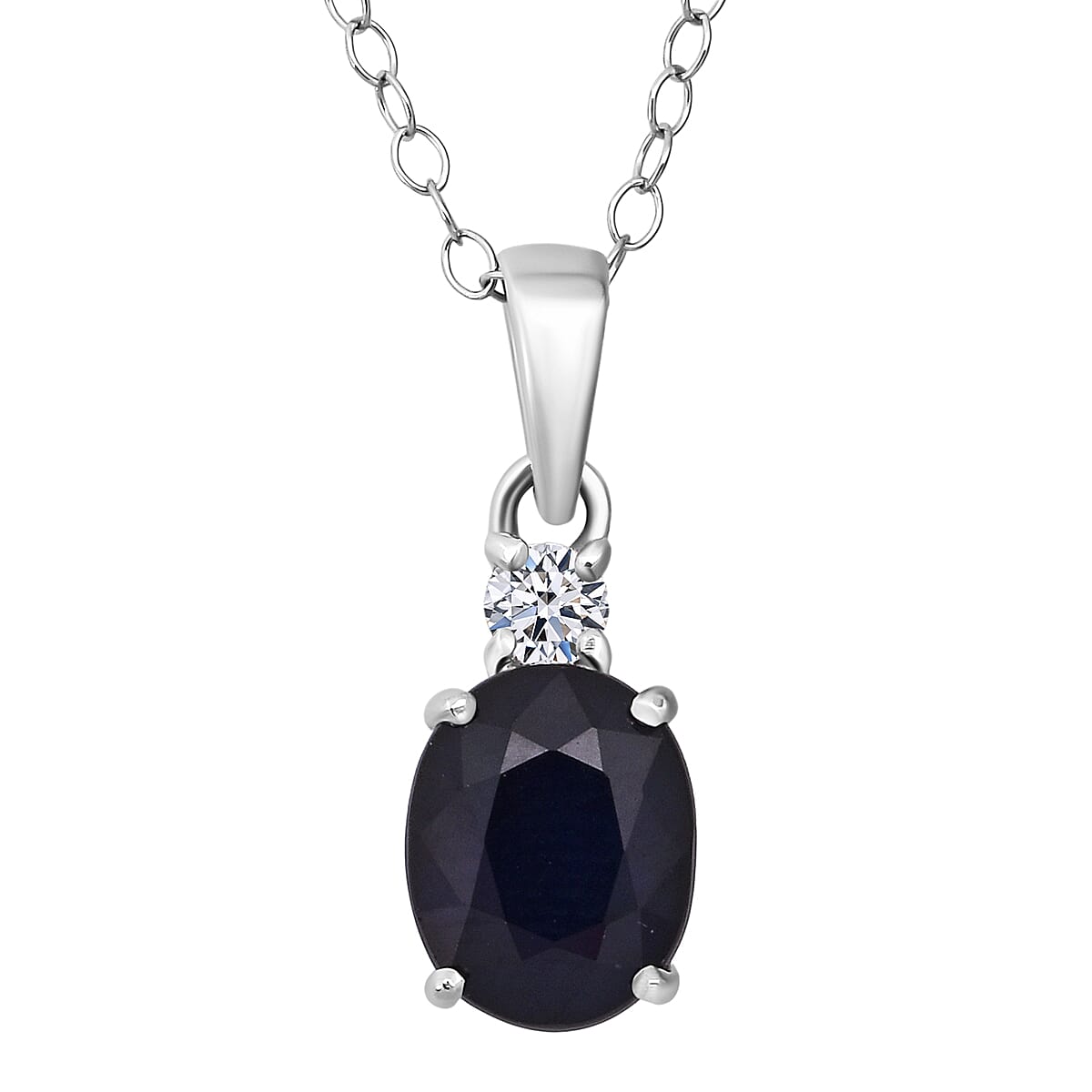 Kanchanaburi Blue Sapphire (DF) and Luxuriant Lab Grown Diamond G-H SI 2.20 ctw Timeless Grace Pendant Necklace 20 Inches in Rhodium Over Sterling Silver