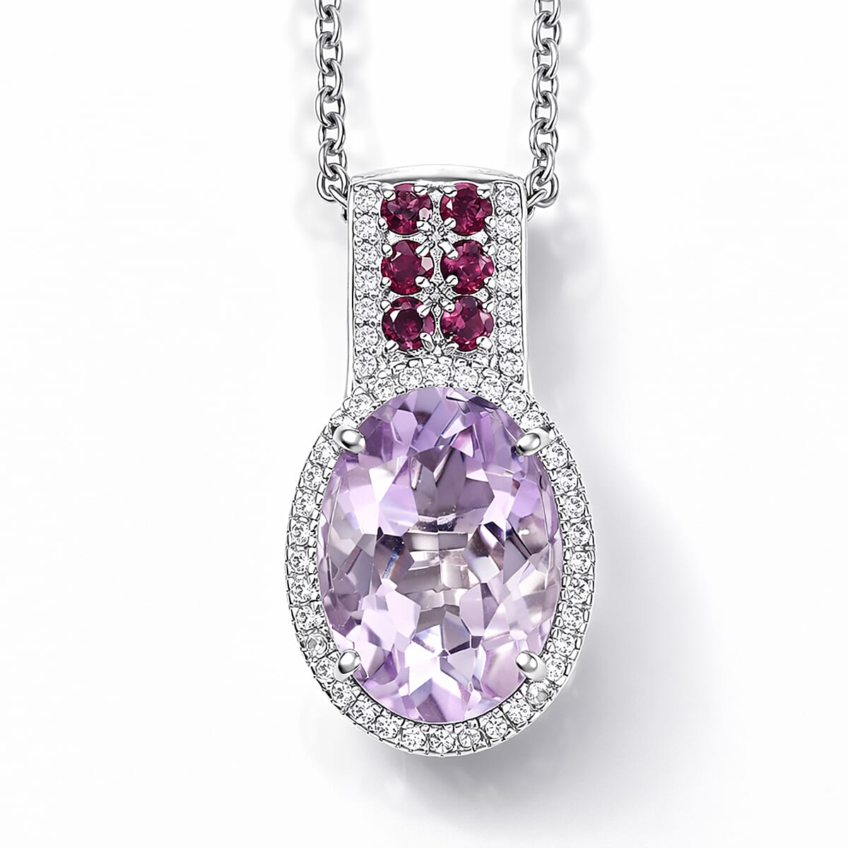 EverTrue Rose De France Amethyst and Multi Gemstone 5.60 ctw Imperial Majesty Pendant in Platinum Bond with Stainless Steel Necklace 20 Inches