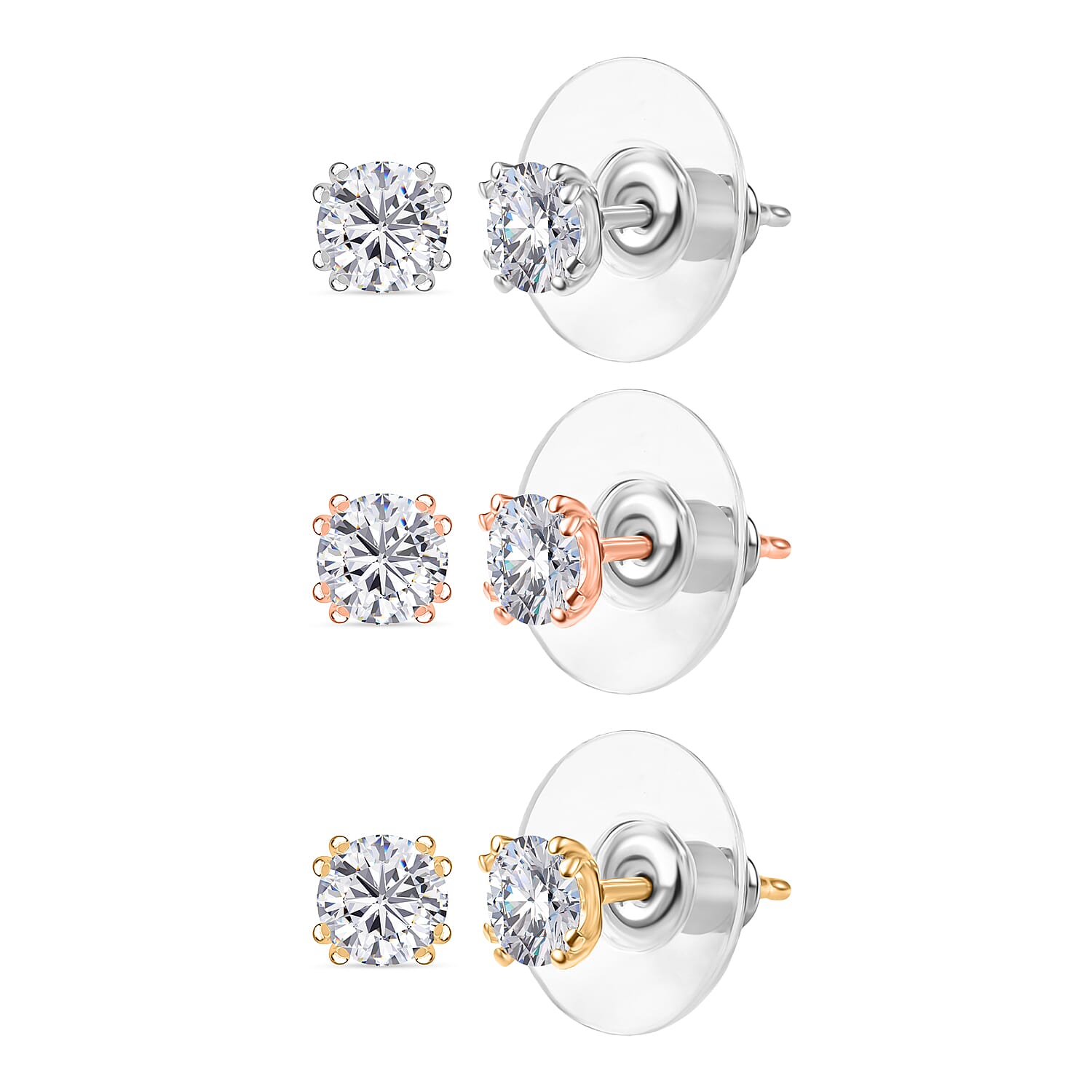 D'Joy Moissanite 2.60 ctw Set of 3 Solitaire Stud Earrings in 18K Vermeil YRG and Rhodium Over Sterling Silver