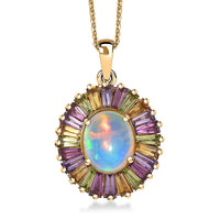 D'Joy Premium Ethiopian Welo Opal and Multi Gemstone 3.65 ctw Crown of Flames Pendant Necklace in 18K Vermeil Yellow Gold Over Sterling Silver 20 Inches