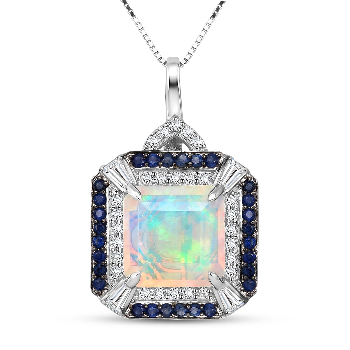 D'Joy Asscher Cut Premium Ethiopian Welo Opal and Multi Gemstone 3.60 ctw Geometric Radiance Pendant Necklace in Rhodium Over Sterling Silver 20 Inches