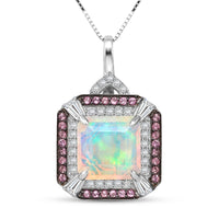 D'Joy Asscher Cut Premium Ethiopian Welo Opal and Multi Gemstone 3.60 ctw Geometric Radiance Pendant Necklace in Rhodium Over Sterling Silver 20 Inches