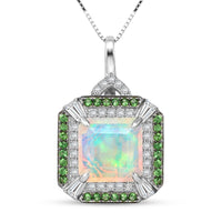 D'Joy Asscher Cut Premium Ethiopian Welo Opal and Multi Gemstone 3.60 ctw Geometric Radiance Pendant Necklace in Rhodium Over Sterling Silver 20 Inches