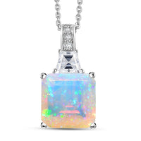 D'Joy AAA Ethiopian Welo Opal, Moissanite Art Deco Pendant Necklace in Rhodium Over Sterling Silver 3.00 ctw (20 Inches)