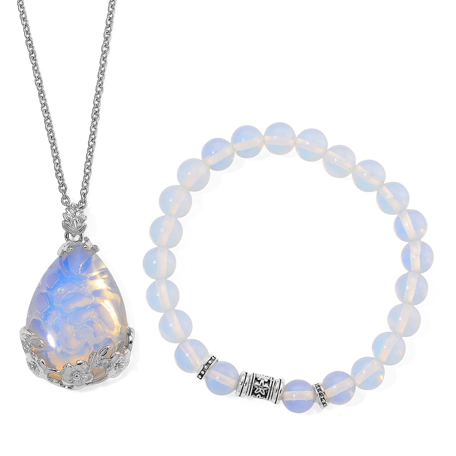 Opalite 100.00 ctw Beaded Stretch Bracelet and Pendant in Silvertone with Stainless Steel Necklace 20 Inches