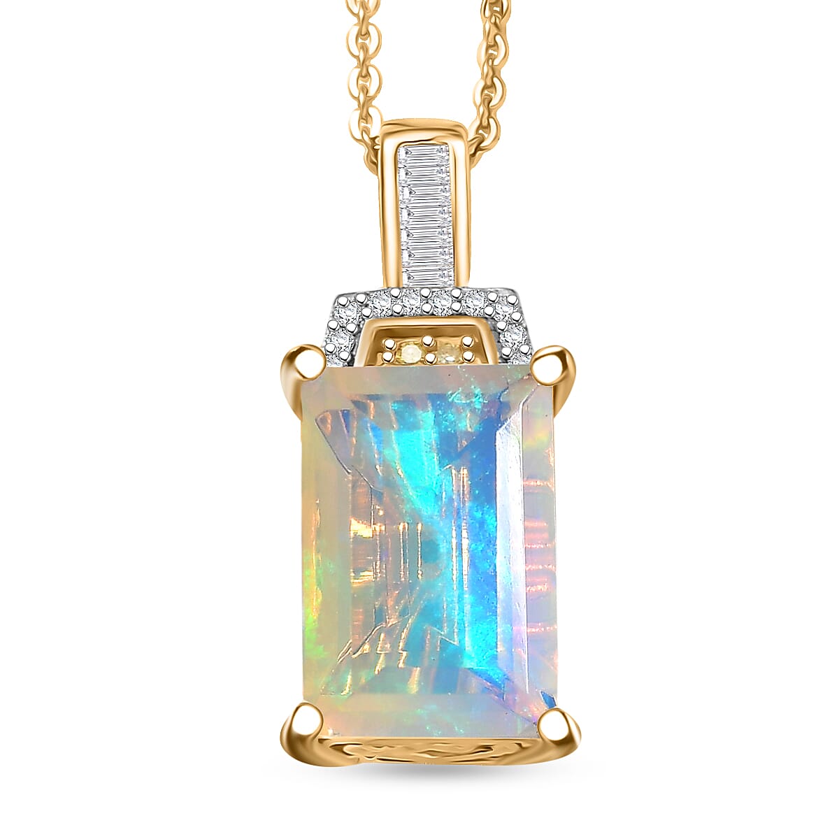 D'Joy Ethiopian Welo Opal, Natural Yellow and White Diamond Art Deco Pendant Necklace in 18K Vermeil YG Over Sterling Silver 2.30 ctw (20 Inches)