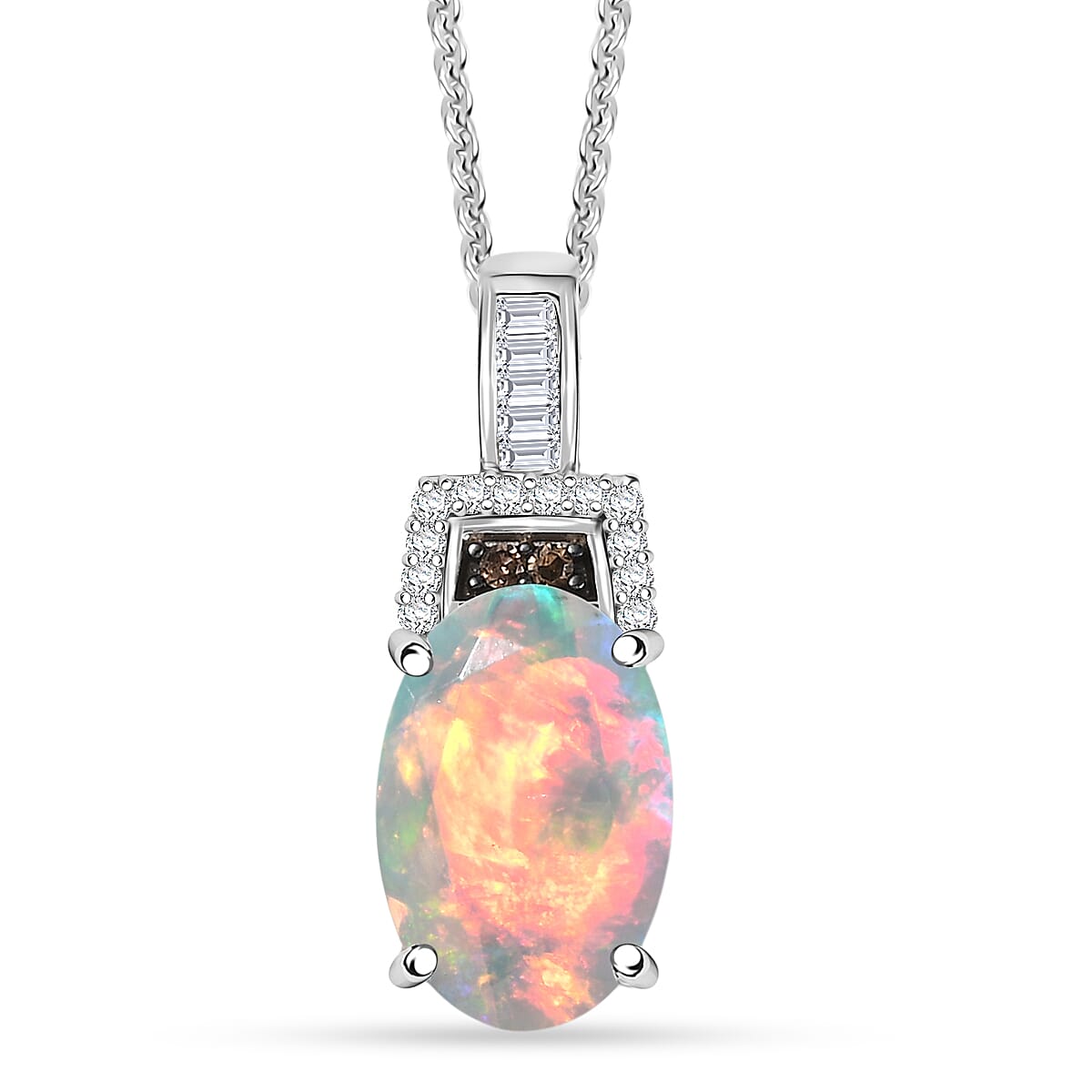 D'Joy Premium Ethiopian Welo Opal, Natural Champagne and White Diamond Pendant Necklace (20 Inches) in Rhodium Over Sterling Silver 2.10 ctw