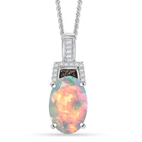 D'Joy Premium Ethiopian Welo Opal, Natural Champagne and White Diamond Pendant Necklace (20 Inches) in Rhodium Over Sterling Silver 2.10 ctw