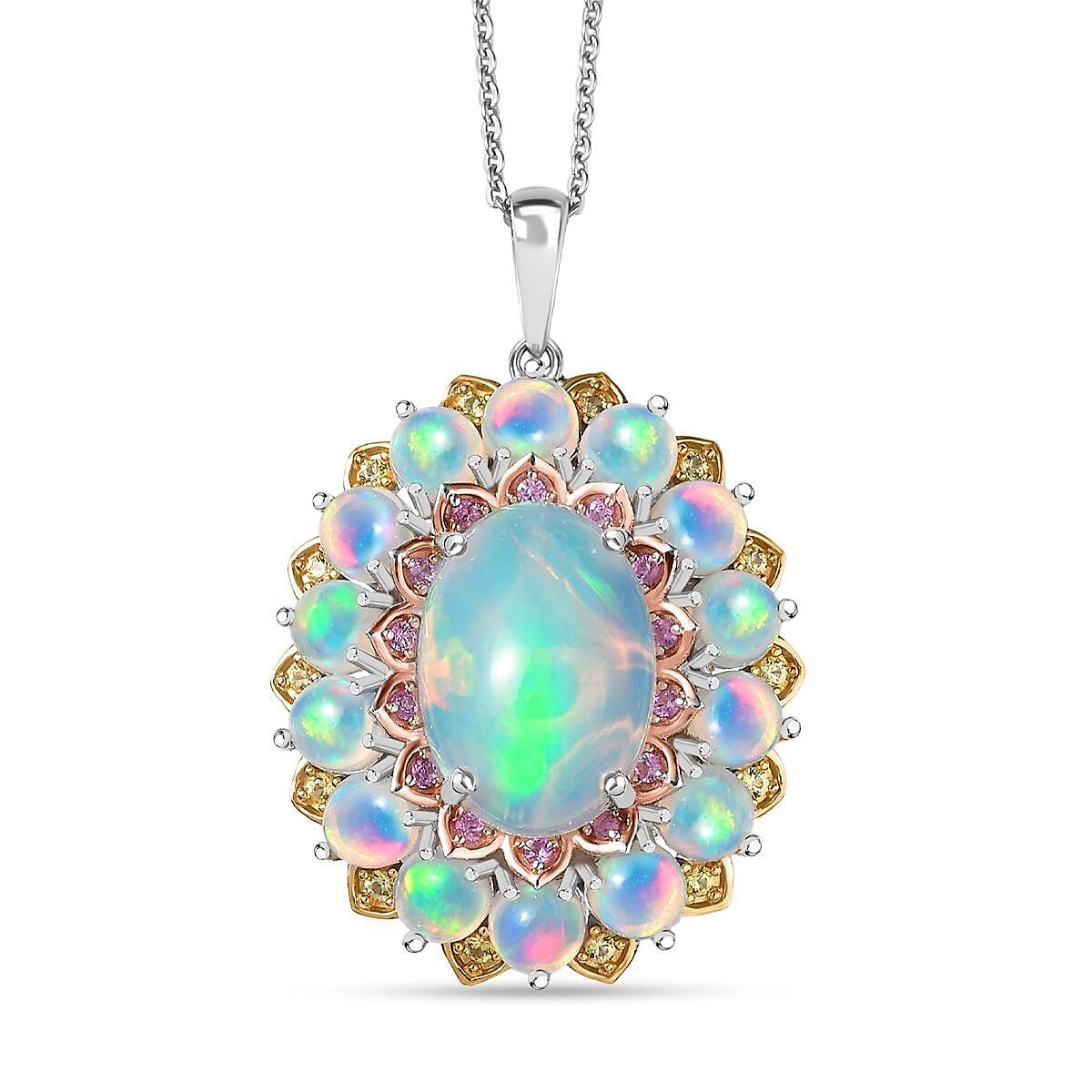 D'Joy Premium Ethiopian Welo Opal, Yellow and Pink Sapphire 6.25 ctw Pendant Necklace in 18K Vermeil YG and Rhodium Over Sterling Silver 20 Inches