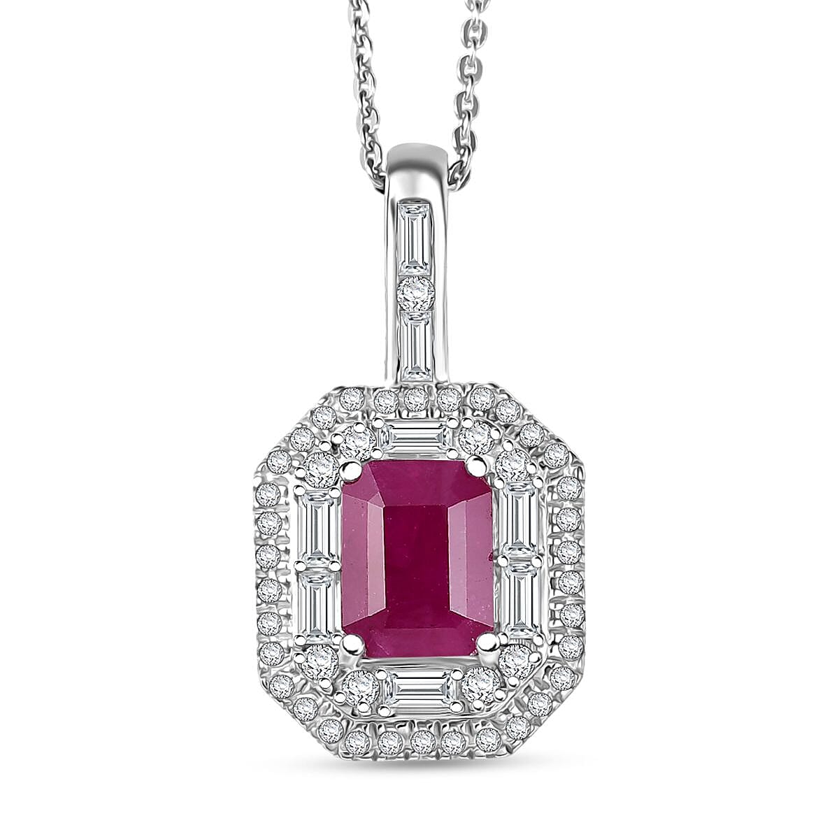 D'Joy Premium Royal Ruby, Moissanite Pendant Necklace (20 Inches) in Rhodium Over Sterling Silver 3.65 ctw