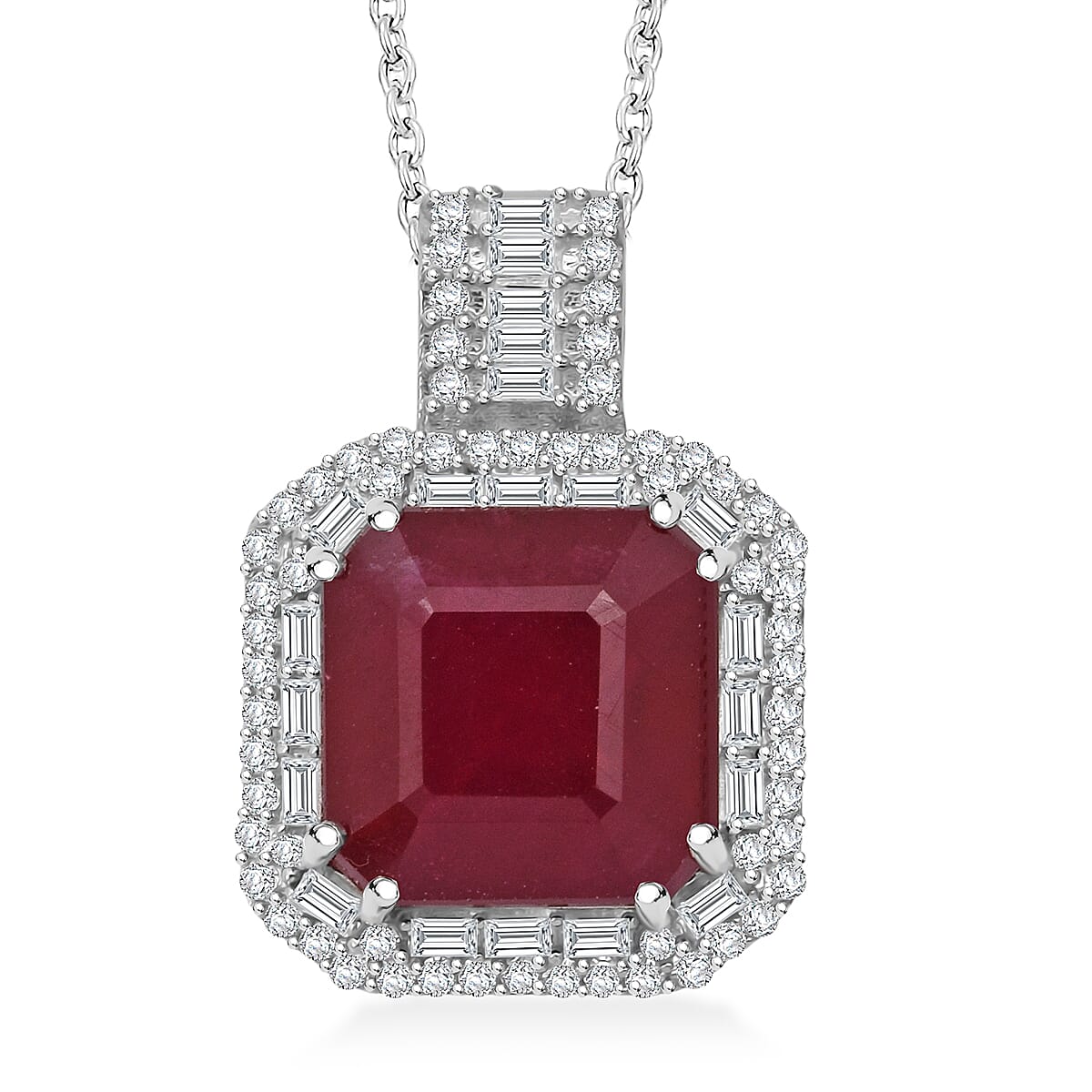 D'Joy Premium Niassa Ruby (FF) and Moissanite 11.20 ctw Royal Ember Pendant Necklace in Rhodium Over Sterling Silver 20 Inches