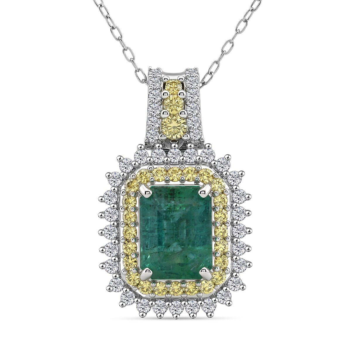 D'Joy Premium Kagem Zambian Emerald and Multi Gemstone 2.25 ctw Regal Halo Pendant Necklace in Rhodium Over Sterling Silver 20 Inches