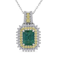 D'Joy Premium Kagem Zambian Emerald and Multi Gemstone 2.25 ctw Regal Halo Pendant Necklace in Rhodium Over Sterling Silver 20 Inches