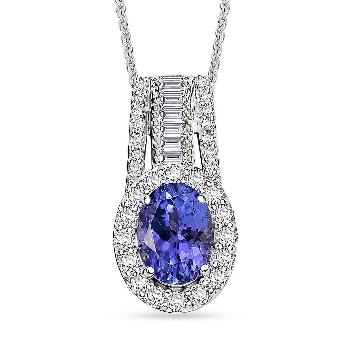 D'Joy Premium Tanzanite, Moissanite Pendant Necklace (20 Inches) in Rhodium Over Sterling Silver 1.50 ctw