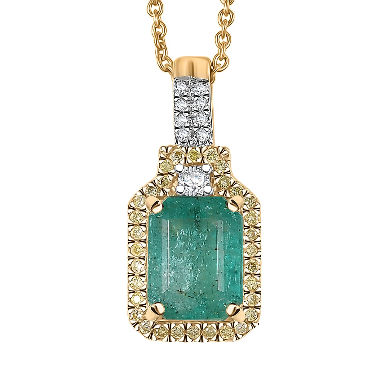 Luxoro AAA Kagem Zambian Emerald, Natural Yellow and White Diamond I2 1.85 ctw Art Deco Pendant Necklace in 10K Yellow Gold 20 Inches