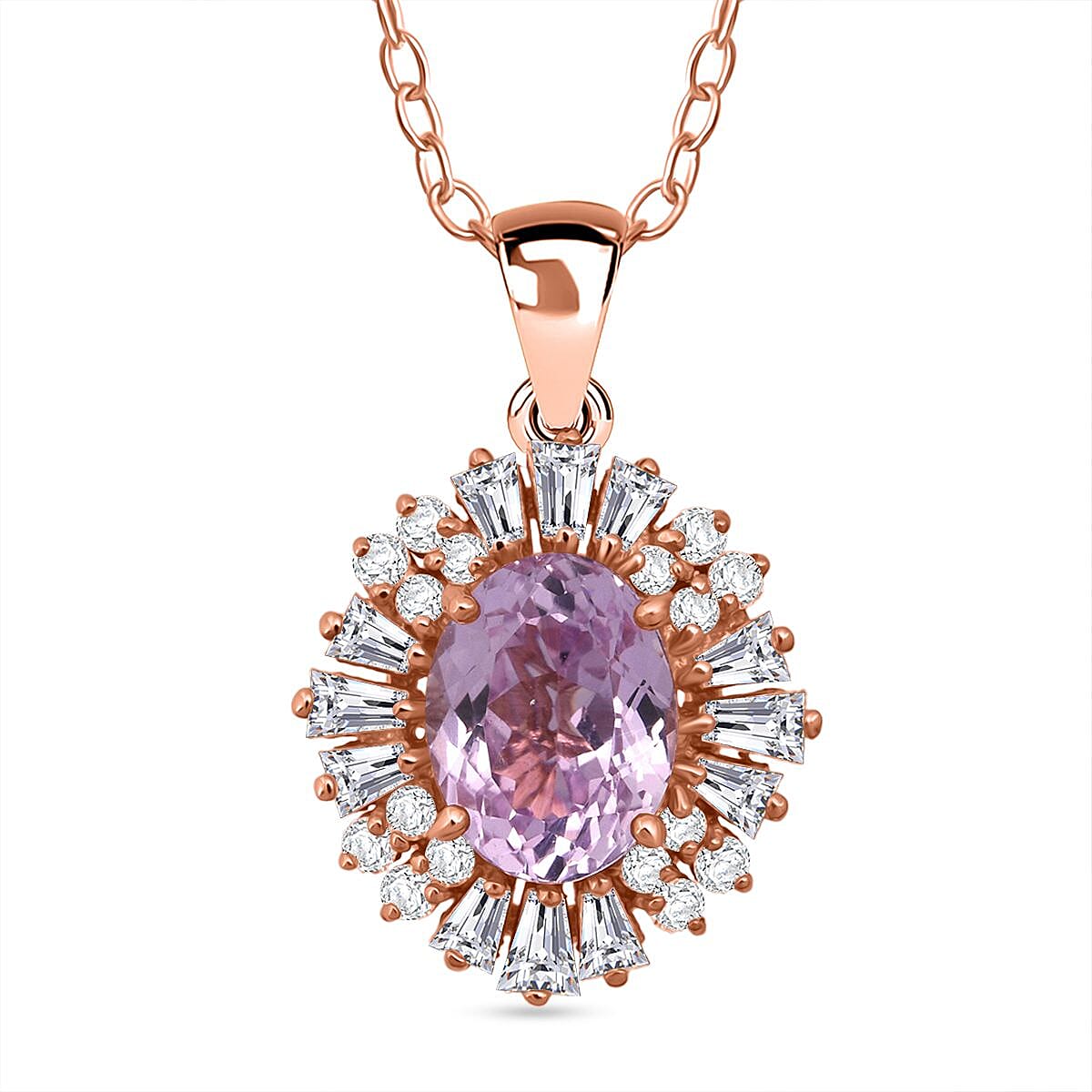 D'Joy AAA Patroke Kunzite, Moissanite Starburst Pendant Necklace in 18K Vermeil RG Over Sterling Silver 3.30 ctw (20 Inches)