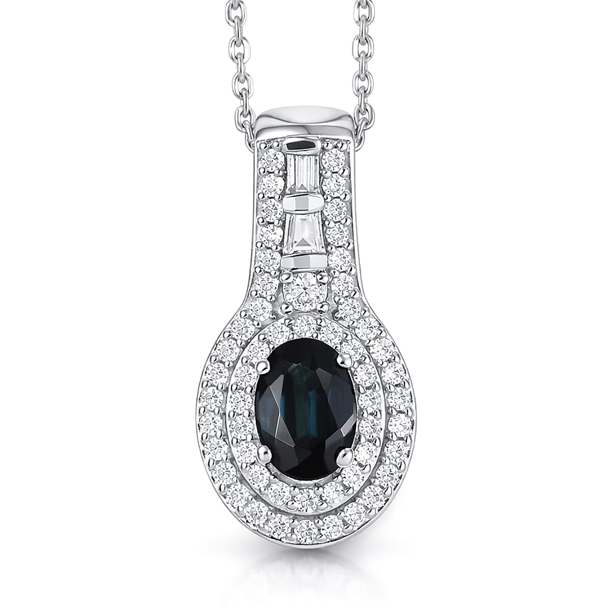 D'Joy AAA Monte Belo Indicolite and Moissanite 1.10 ctw Regal Blue Halo Pendant Necklace in Rhodium Over Sterling Silver 20 Inches
