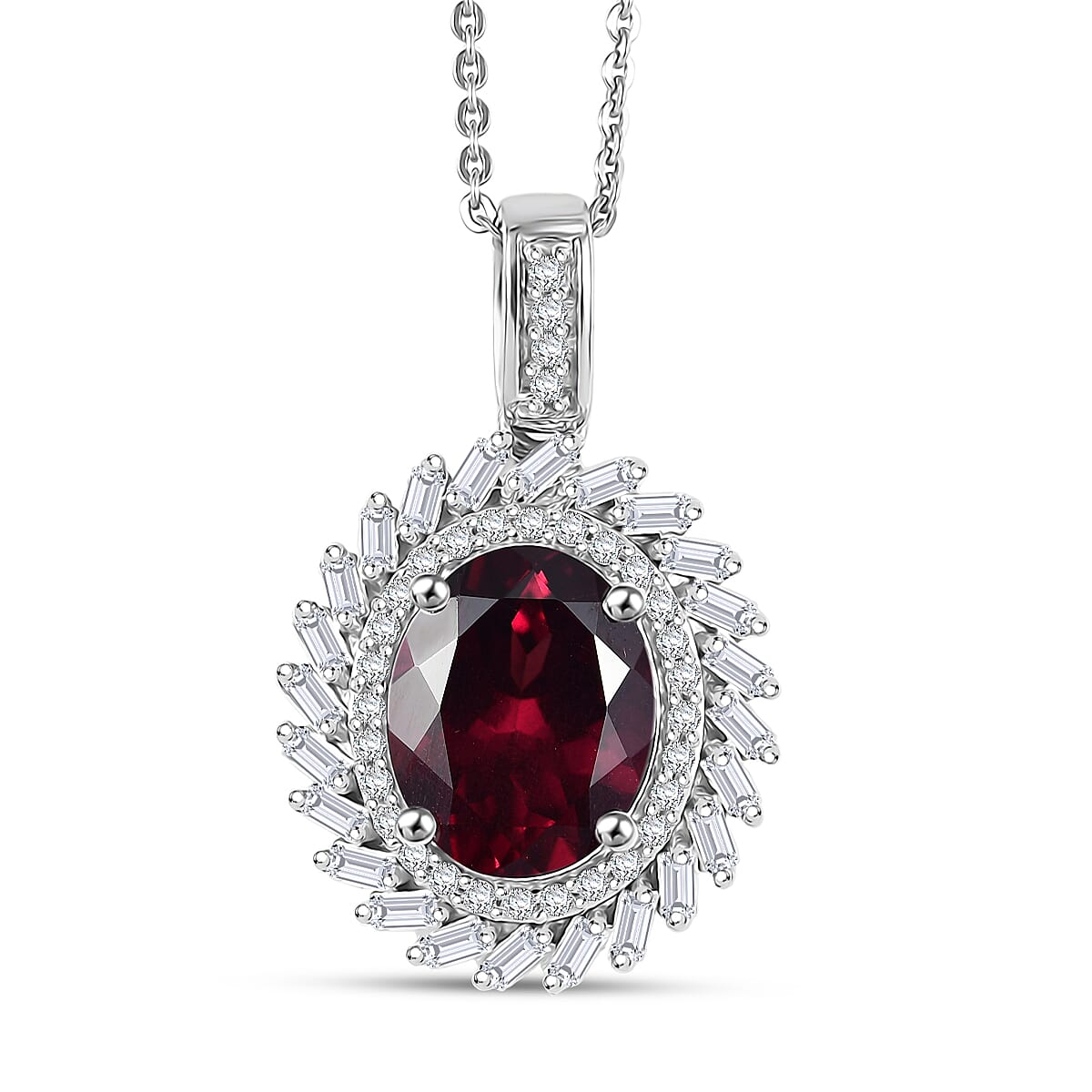 D'Joy Orissa Rhodolite Garnet, Moissanite Starburst Pendant Necklace in Rhodium Over Sterling Silver 11.10 ctw (20 Inches)