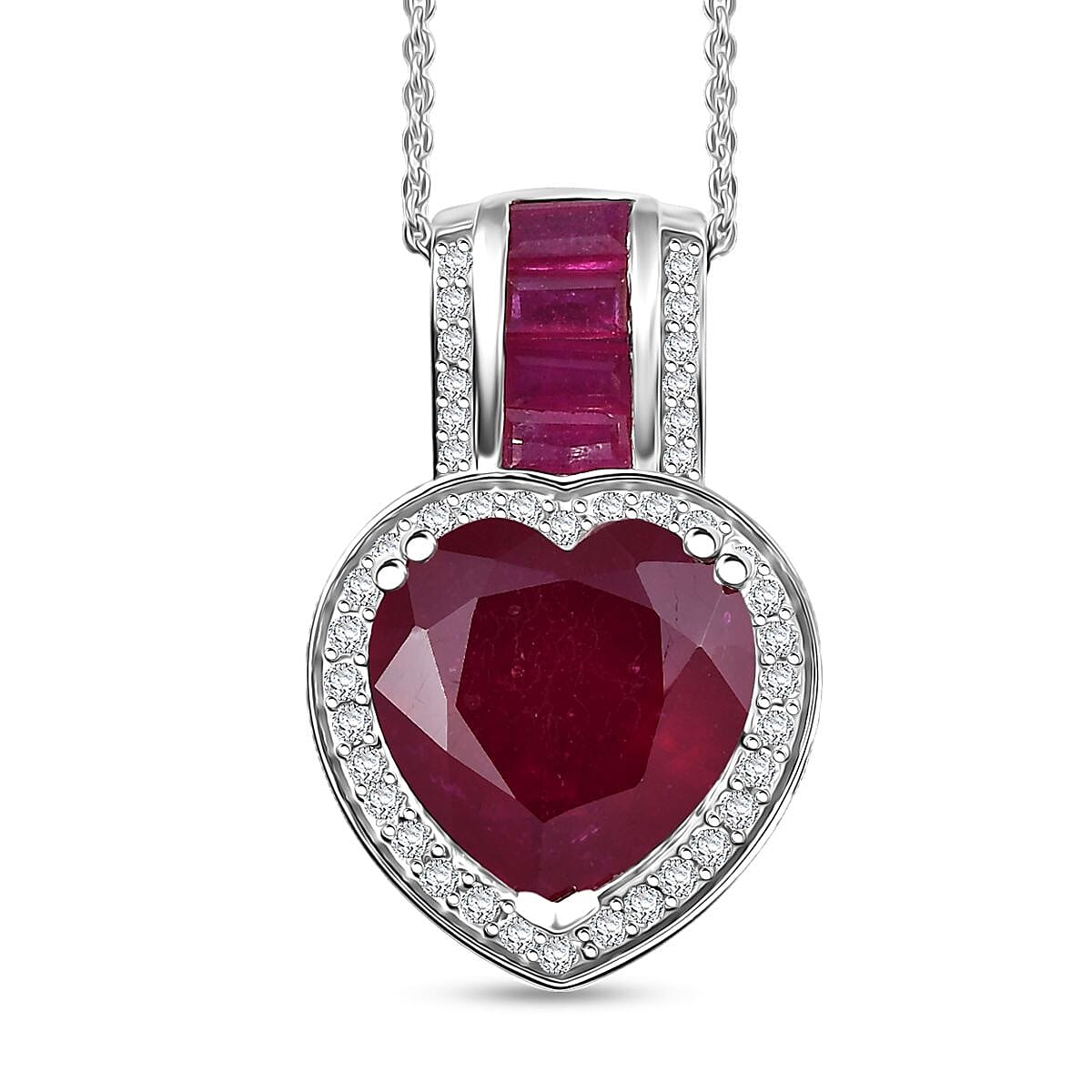 D'Joy Premium African Ruby (FF), Moissanite Heart Pendant Necklace (20 Inches) in Rhodium Over Sterling Silver 10.60 ctw