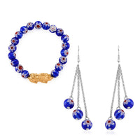 Multi Color Murano Style Beaded Stretch Bracelet with  Pixiu Charm and Dangling Earrings in Goldtone and Stainless Steel