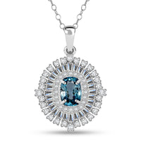 D'Joy Premium Cambodian Blue Zircon and Moissanite 3.50 ctw Regal Halo Pendant Necklace in Rhodium Over Sterling Silver 20 Inches