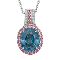 Luxoro AAA Cambodian Blue Zircon, Pink Sapphire and G-H SI Diamond 6.00 ctw Blue Rose Pendant Necklace in 10K White Gold 18 Inches