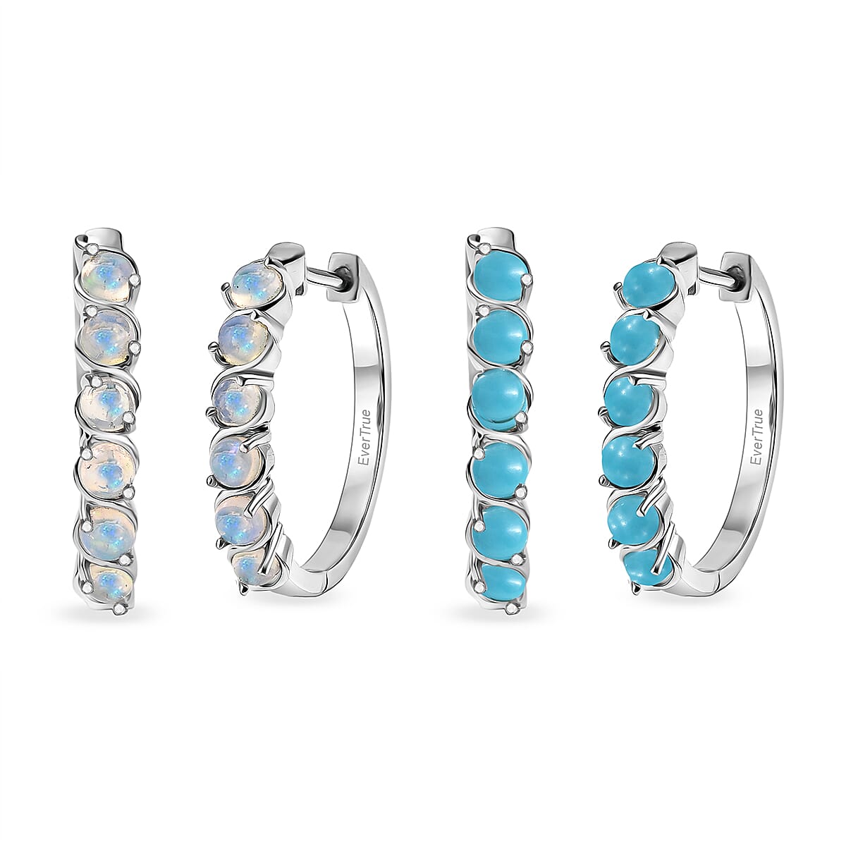 EverTrue Premium Sleeping Beauty Turquoise and Ethiopian Welo Opal 2.30 ctw Set of 2 Hoop Earrings in Platinum Bond
