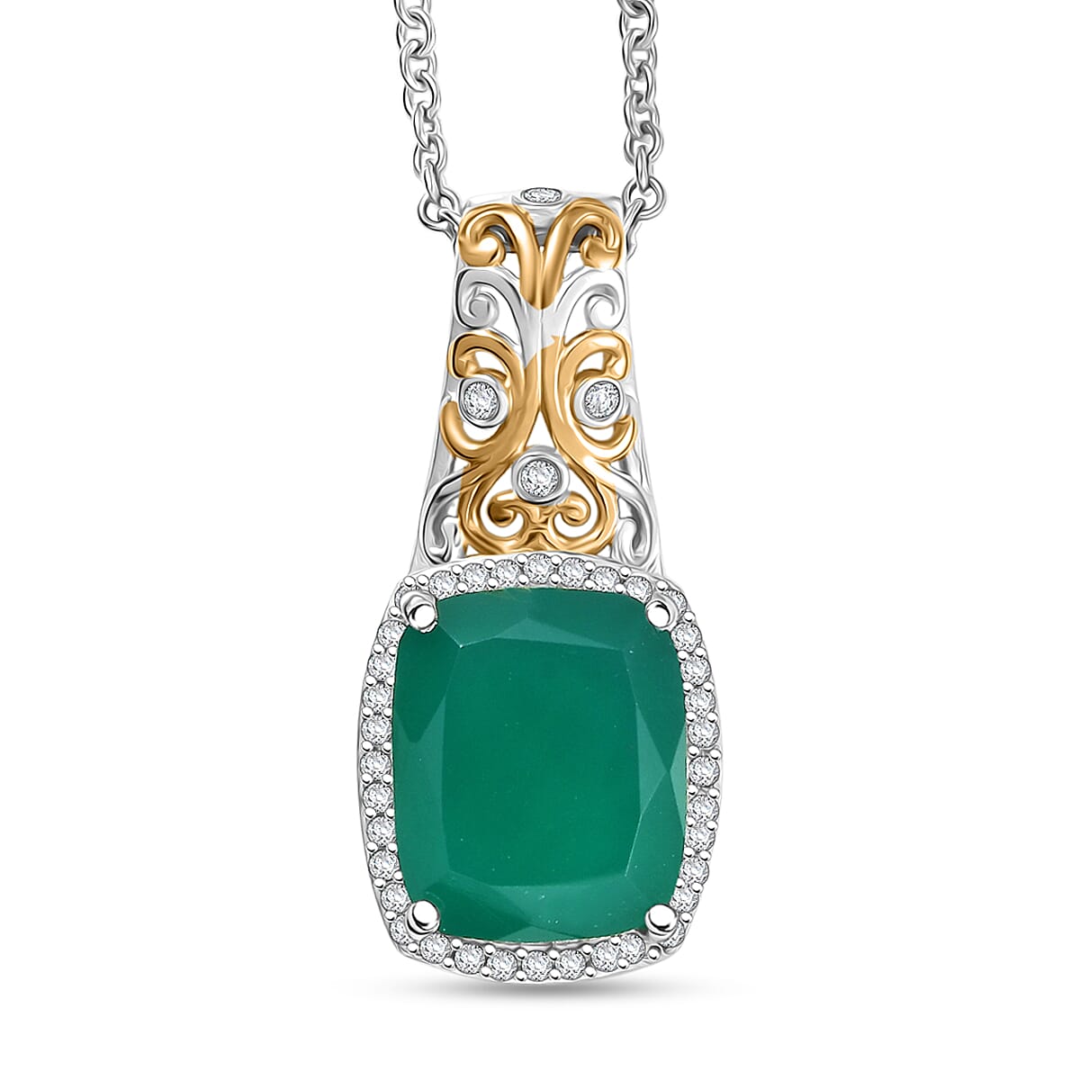 EverTrue Verde Onyx and White Zircon 5.40 ctw Garden Vine Pendant in 18K YG Plated and Platinum Bond with Stainless Steel Necklace 20 Inches