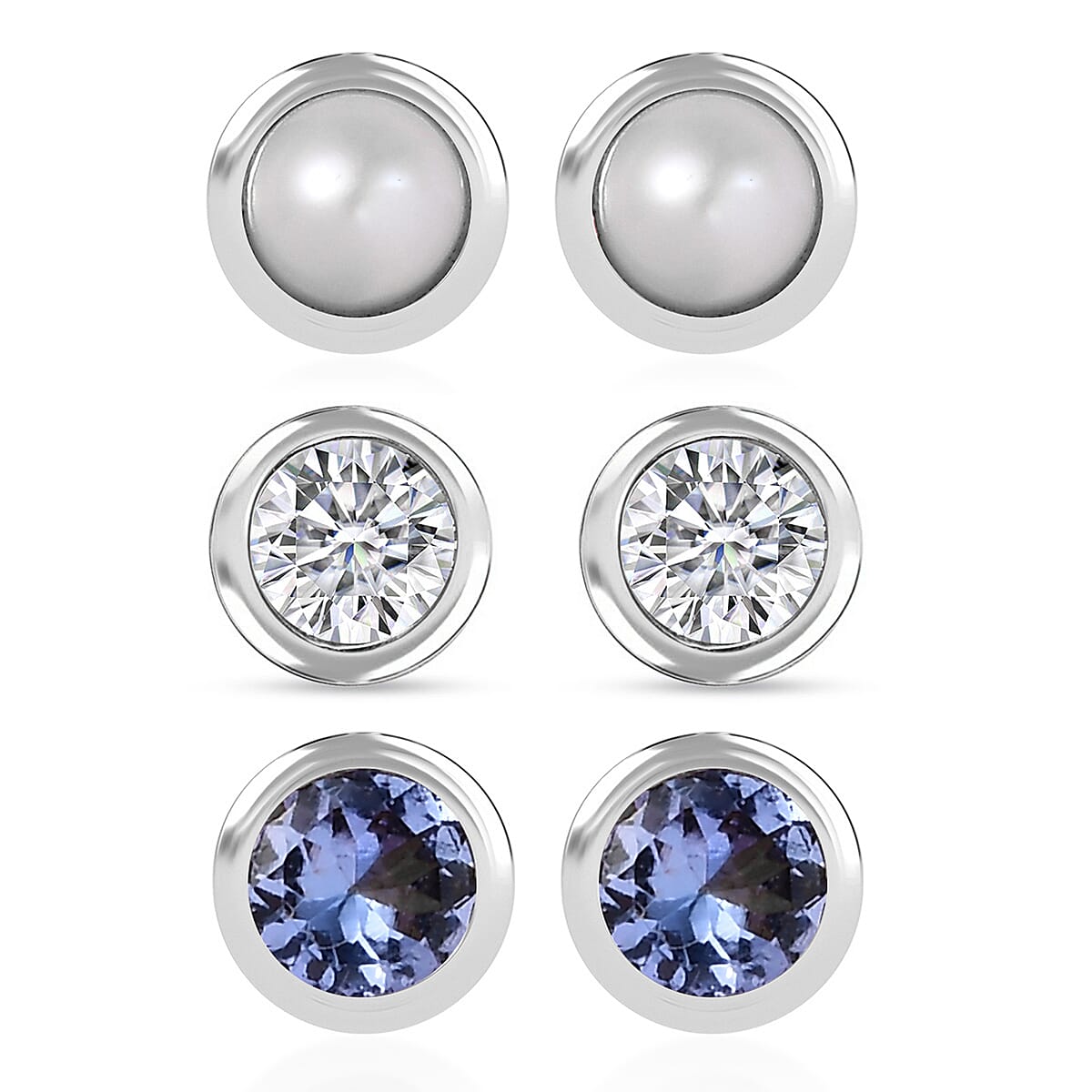 Set of 3 Poke Free Tanzanite, Freshwater Pearl, Luxuriant Lab Grown Diamond Stud Earrings in Rhodium Over Sterling Silver 1.00 ctw
