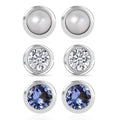 Set of 3 Poke Free Tanzanite, Freshwater Pearl, Luxuriant Lab Grown Diamond Stud Earrings in Rhodium Over Sterling Silver 1.00 ctw - Sticky add to cart bar