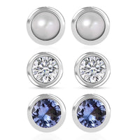 Set of 3 Poke Free Tanzanite, Freshwater Pearl, Luxuriant Lab Grown Diamond Stud Earrings in Rhodium Over Sterling Silver 1.00 ctw