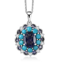 D'Joy Premium Catalina Iolite and Multi Gemstone 4.10 ctw Dynasty Bloom Pendant Necklace in Rhodium Over Sterling Silver 20 Inches