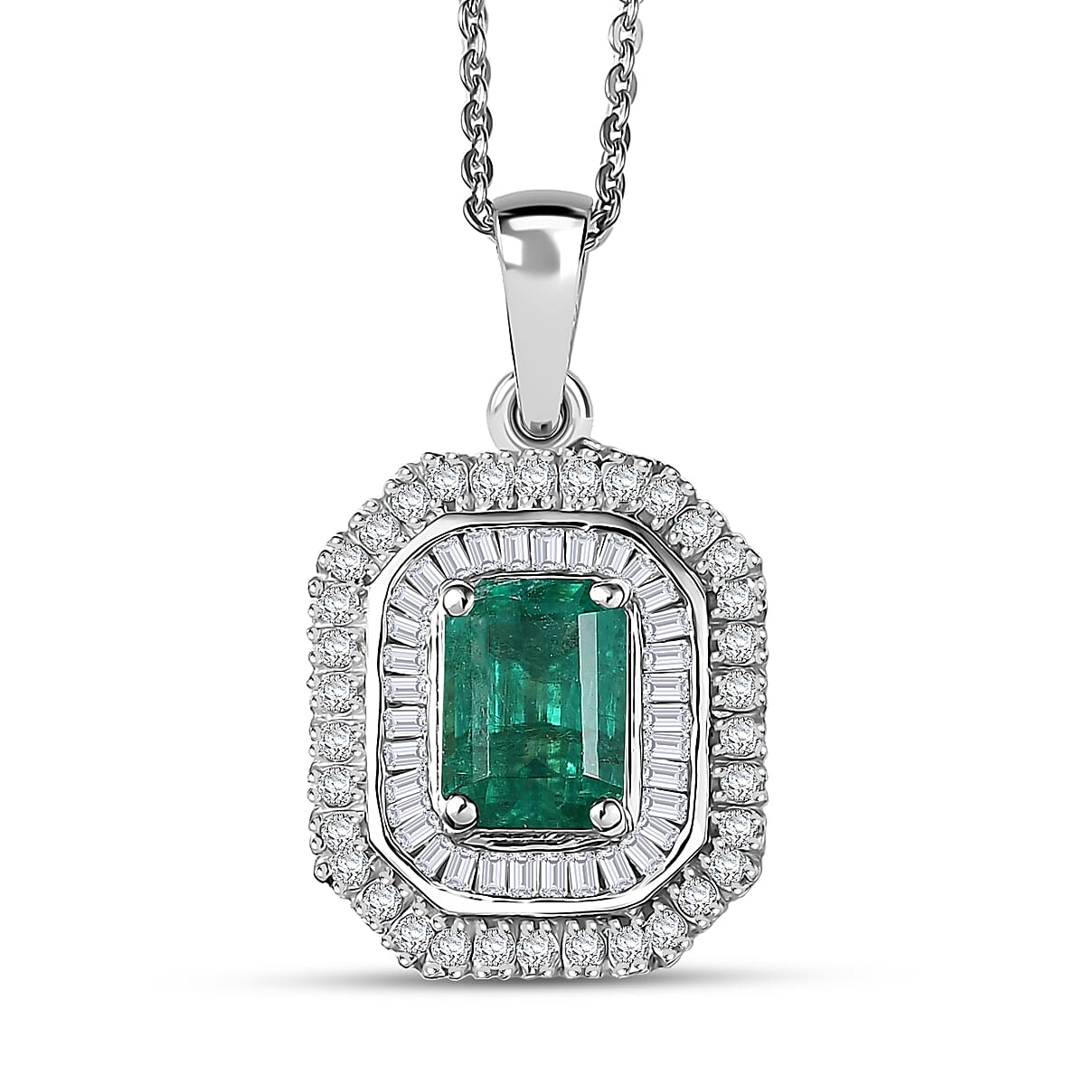 D'Joy Zambian Emerald, Diamond Pendant Necklace in Rhodium Over Sterling Silver 1.40 ctw (20 Inches)