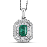 D'Joy Zambian Emerald, Diamond Pendant Necklace in Rhodium Over Sterling Silver 1.40 ctw (20 Inches)