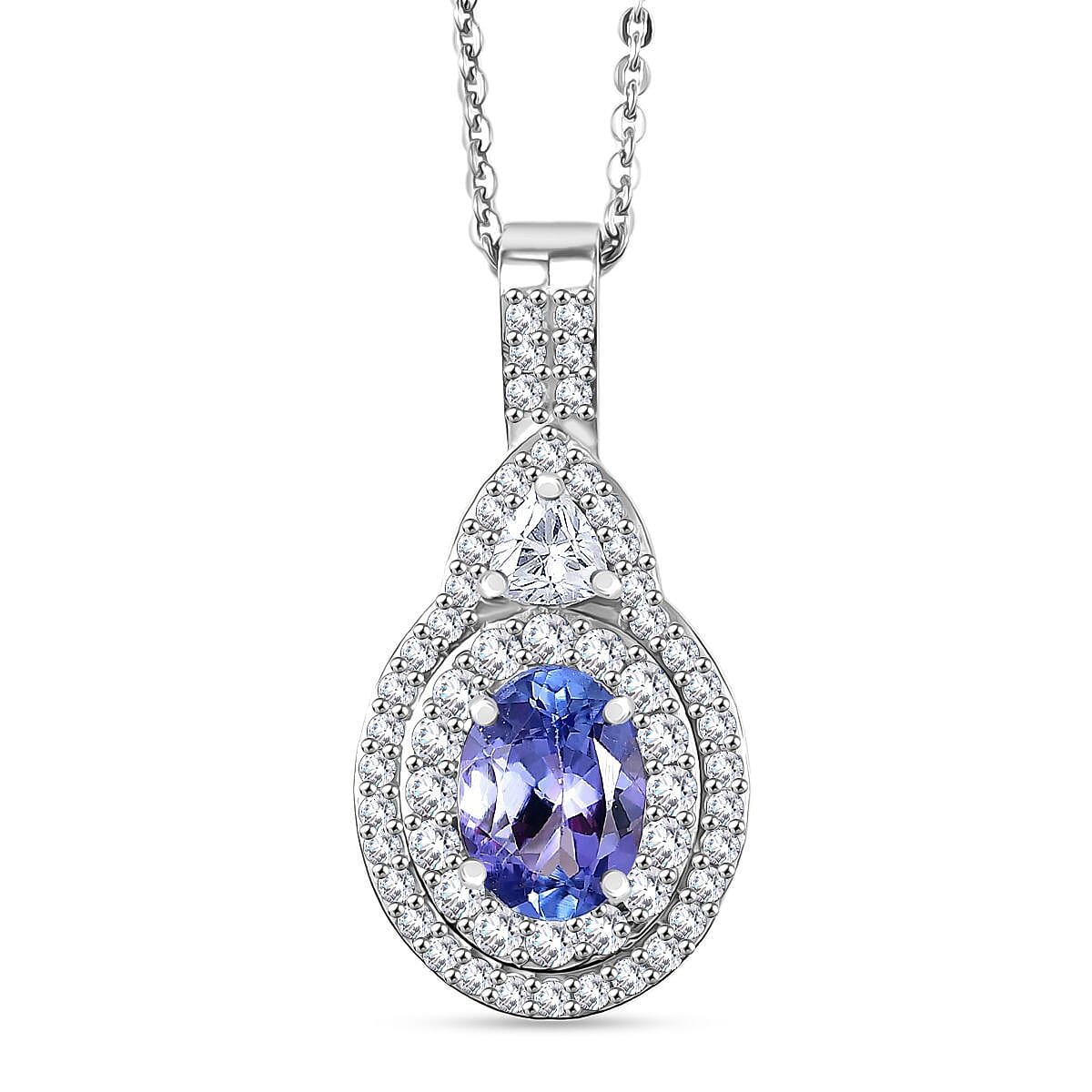 D'Joy Tanzanite, Moissanite Art Deco Pendant Necklace (20 Inches) in Rhodium Over Sterling Silver 1.70 ctw