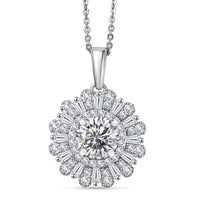 D'Joy Hearts & Arrow Cut Strontium Titanate and Moissanite 2.90 ctw Radiant Sunburst Pendant Necklace 20 Inches in Rhodium Over Sterling Silver