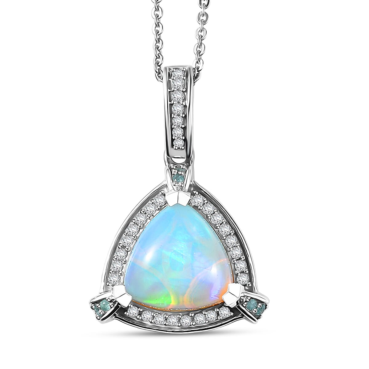 D'Joy Premium Ethiopian Welo Opal, Paraiba Tourmaline and Diamond 2.60 ctw Celestial Trinity Halo Pendant Necklace in Rhodium Over Sterling Silver 20 Inches