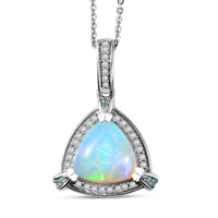 D'Joy Premium Ethiopian Welo Opal, Paraiba Tourmaline and Diamond 2.60 ctw Celestial Trinity Halo Pendant Necklace in Rhodium Over Sterling Silver 20 Inches
