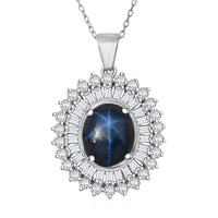 D'Joy Premium Blue Star Sapphire (DF) and Moissanite 7.70 ctw Crown of Eternity Pendant Necklace in Rhodium Over Sterling Silver 20 Inches
