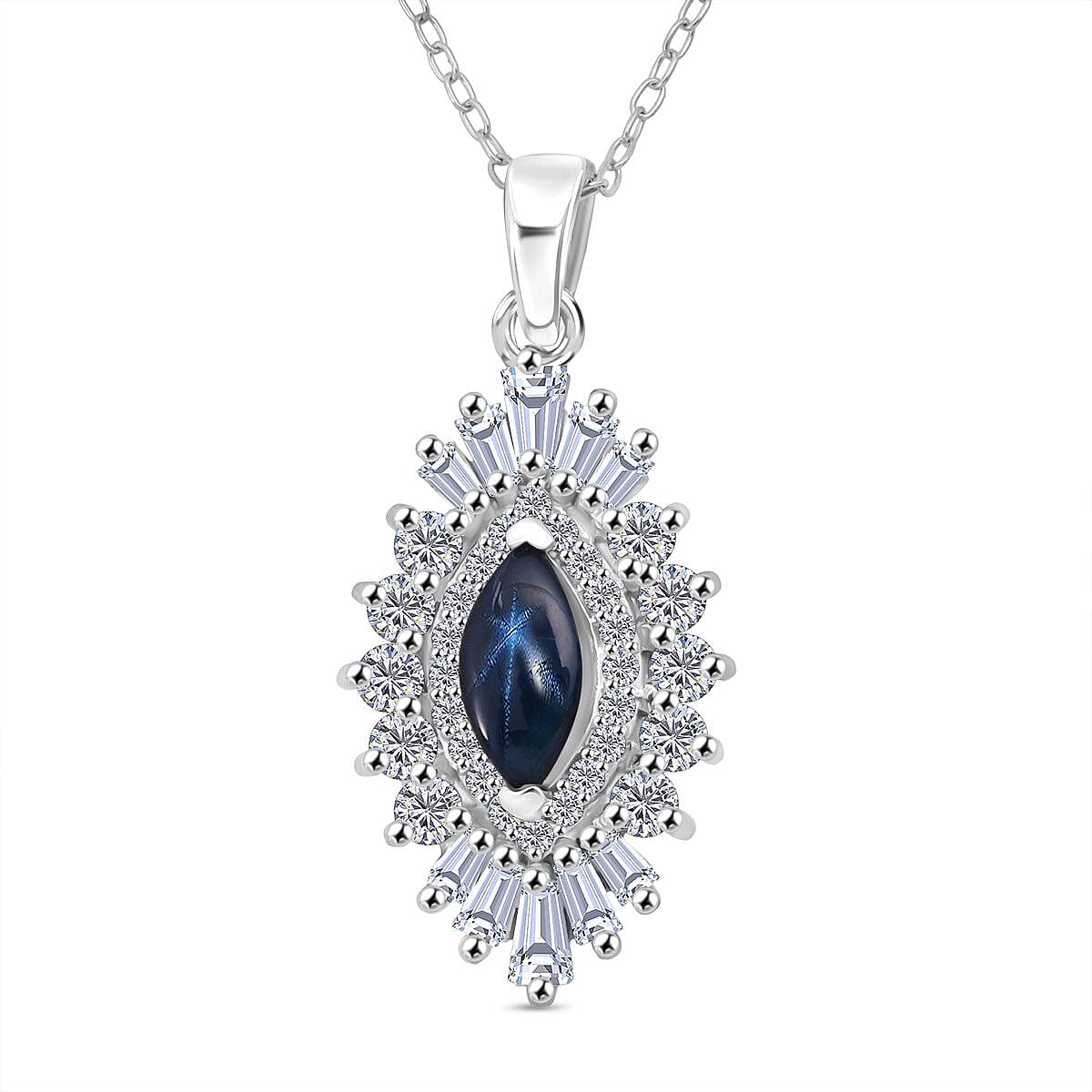 D'Joy Premium Blue Star Sapphire (DF) and Moissanite 1.65 ctw Crown Ray Pendant Necklace in Rhodium Over Sterling Silver 20 Inches