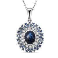 D'Joy Premium Blue Star Sapphire (DF) and Multi Gemstone 4.00 ctw Celestial Crown Pendant Necklace in Rhodium Over Sterling Silver 20 Inches