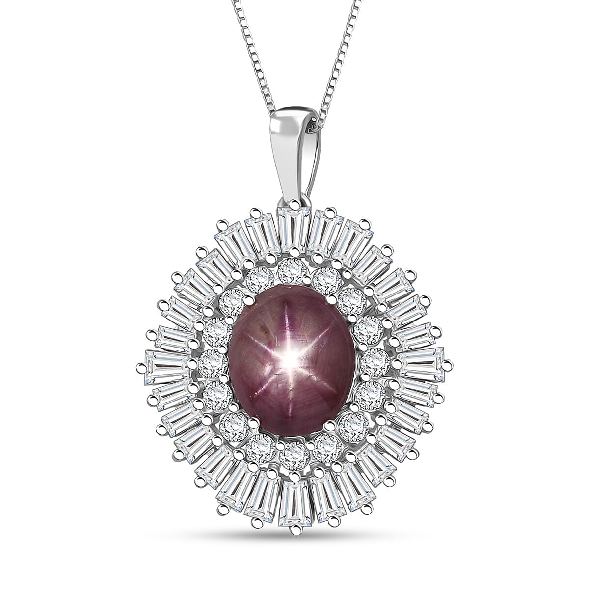 D'Joy Star Ruby, Moissanite Pendant Necklace in Rhodium Over Sterling Silver 9.65 ctw (20 Inches)
