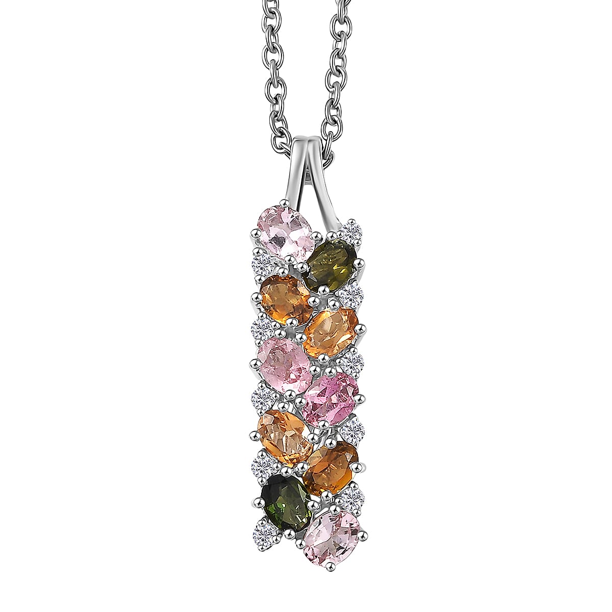 D'Joy Multi-Tourmaline, White Zircon Pendant Necklace in Rhodium Over Sterling Silver 2.10 ctw (20 Inches)