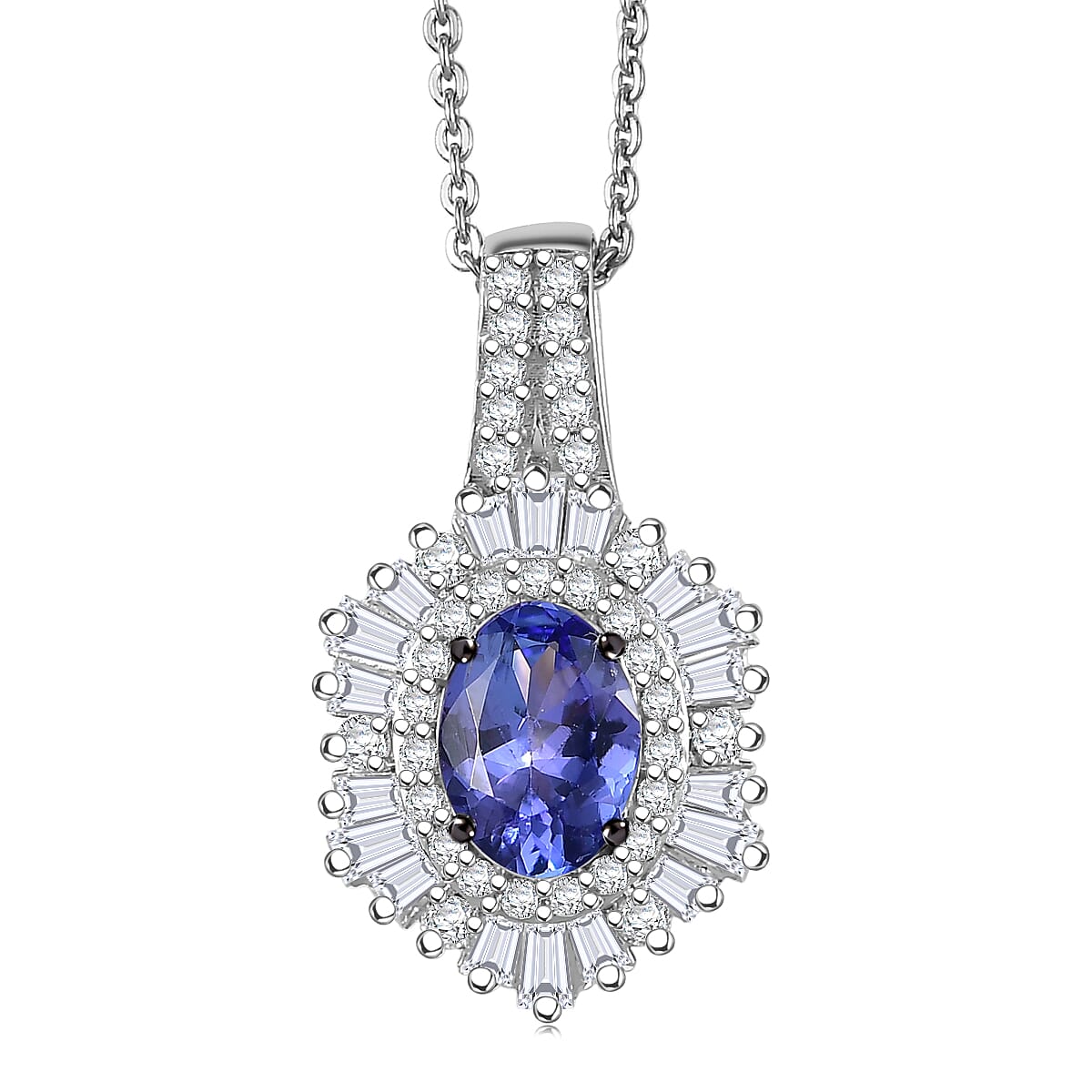 D'Joy Premium Tanzanite and Moissanite 2.00 ctw Celestial Radiance Pendant Necklace in Rhodium Over Sterling Silver 20 Inches