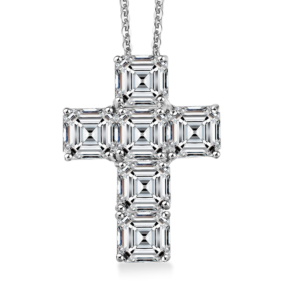 D'Joy Asscher Cut Moissanite 7.00 ctw Faithlight Pendant Necklace in Rhodium Over Sterling Silver 20 Inches